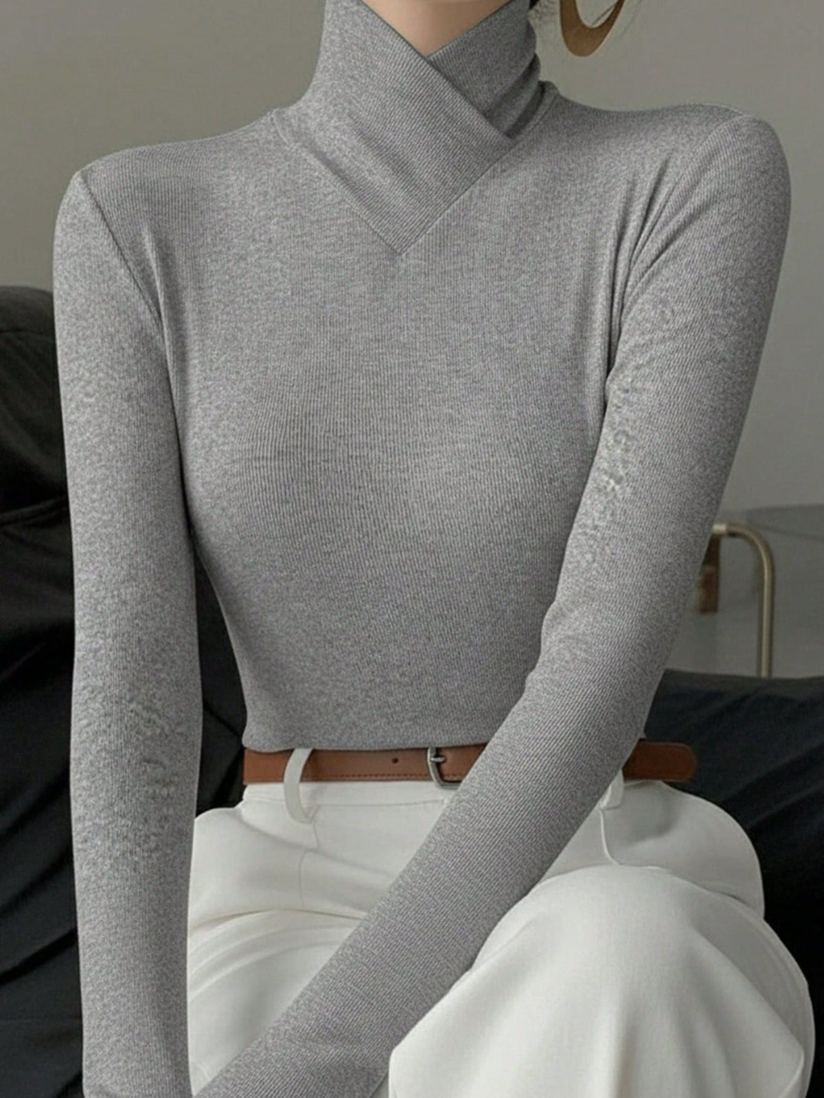 Women's Solid Color Knitted Cross Design Stand Collar Base Layer T-Shirt Top, Office Wear, New Year, Autumn/Winter New Arrival Casual