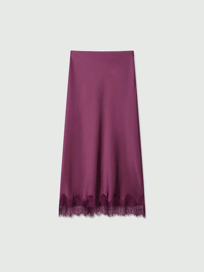 Women's Solid Color Lace Decorated Silk-Like Midi Skirt Summer