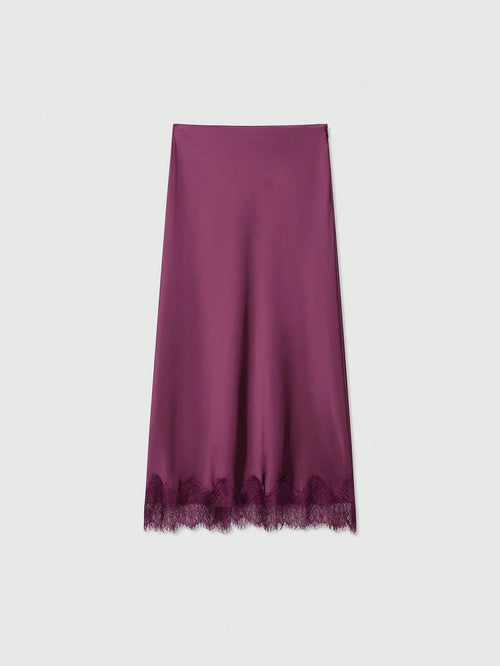 Women's Solid Color Lace Decorated Silk-Like Midi Skirt Summer