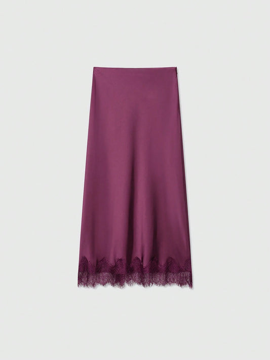 Women's Solid Color Lace Decorated Silk-Like Midi Skirt Summer