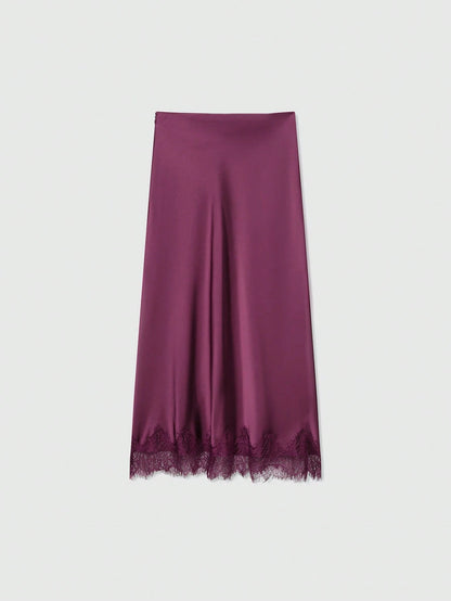 Women's Solid Color Lace Decorated Silk-Like Midi Skirt Summer