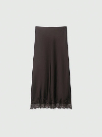 Women's Solid Color Lace Decorated Silk-Like Midi Skirt Summer