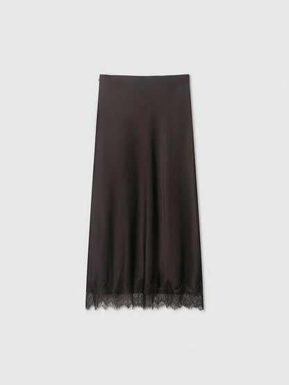 Women's Solid Color Lace Decorated Silk-Like Midi Skirt Summer