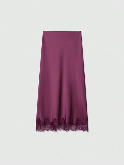 Women's Solid Color Lace Decorated Silk-Like Midi Skirt Summer