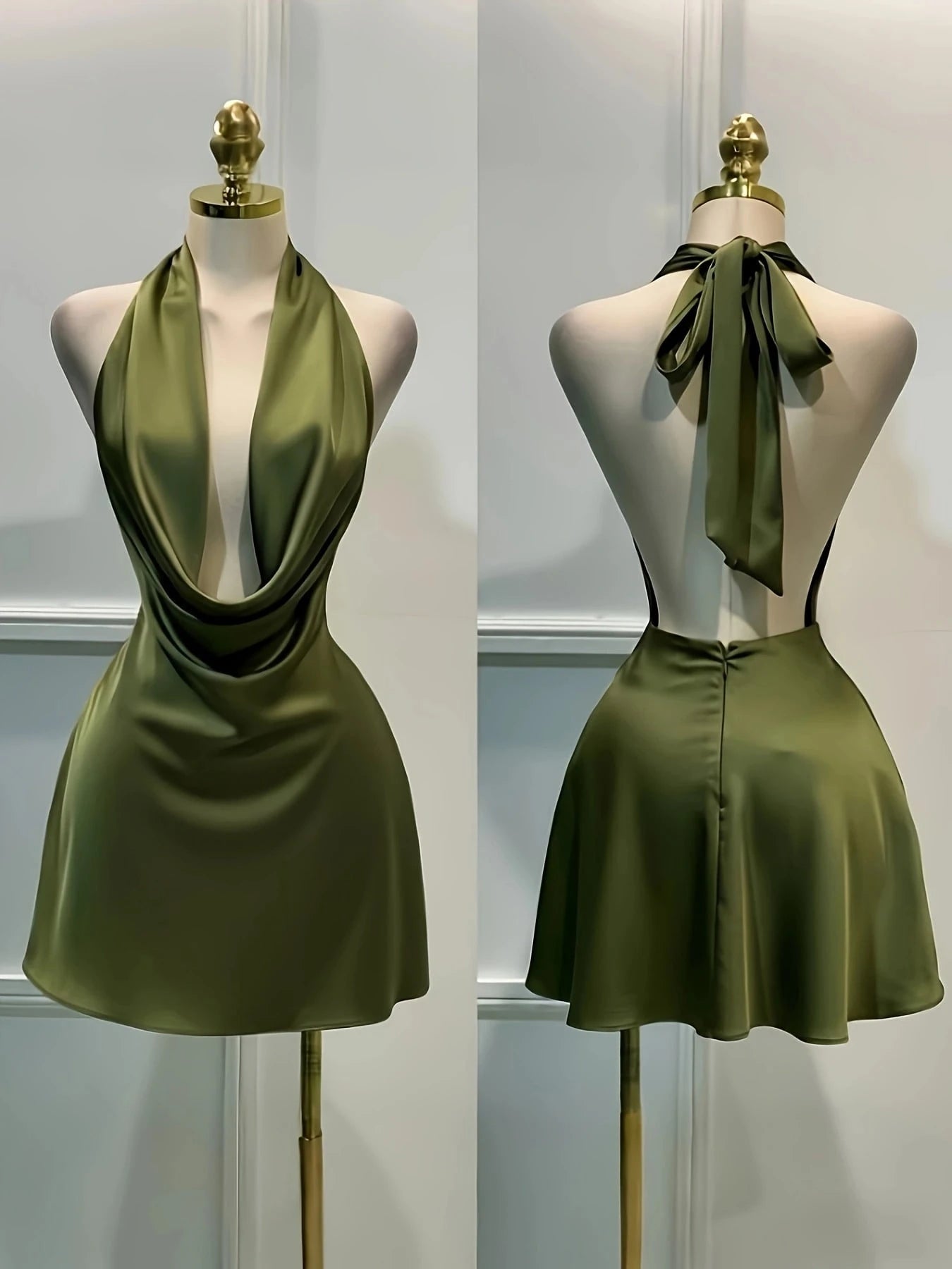 Women's Solid Color Plunging Neckline Backless Sexy Halter Mini Dress Summer Elegant