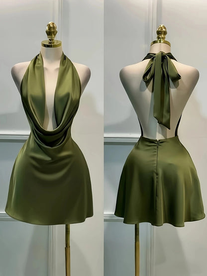 Women's Solid Color Plunging Neckline Backless Sexy Halter Mini Dress Summer Elegant