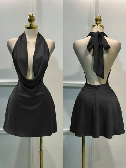 Women's Solid Color Plunging Neckline Backless Sexy Halter Mini Dress Summer Elegant