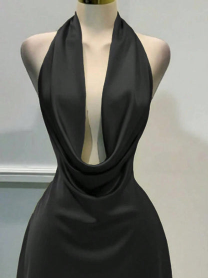 Women's Solid Color Plunging Neckline Backless Sexy Halter Mini Dress Summer Elegant