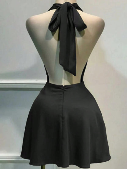 Women's Solid Color Plunging Neckline Backless Sexy Halter Mini Dress Summer Elegant