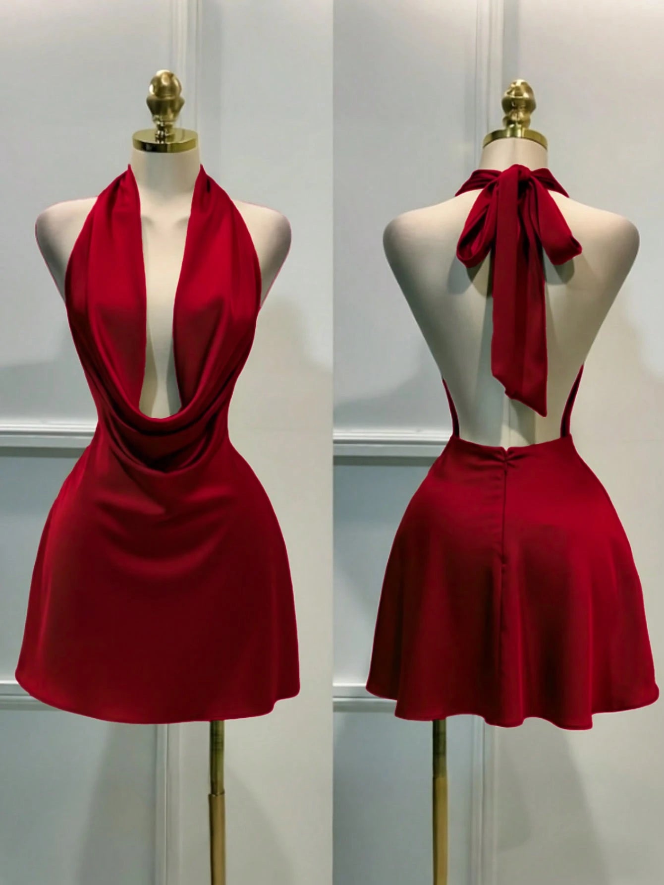 Women's Solid Color Plunging Neckline Backless Sexy Halter Mini Dress Summer Elegant