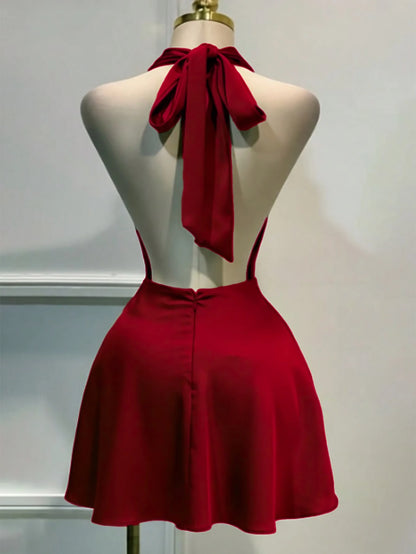 Women's Solid Color Plunging Neckline Backless Sexy Halter Mini Dress Summer Elegant
