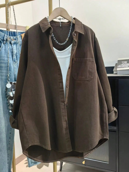 Women's Solid Color Pocket Front Button-Down Casual Shirt Spring