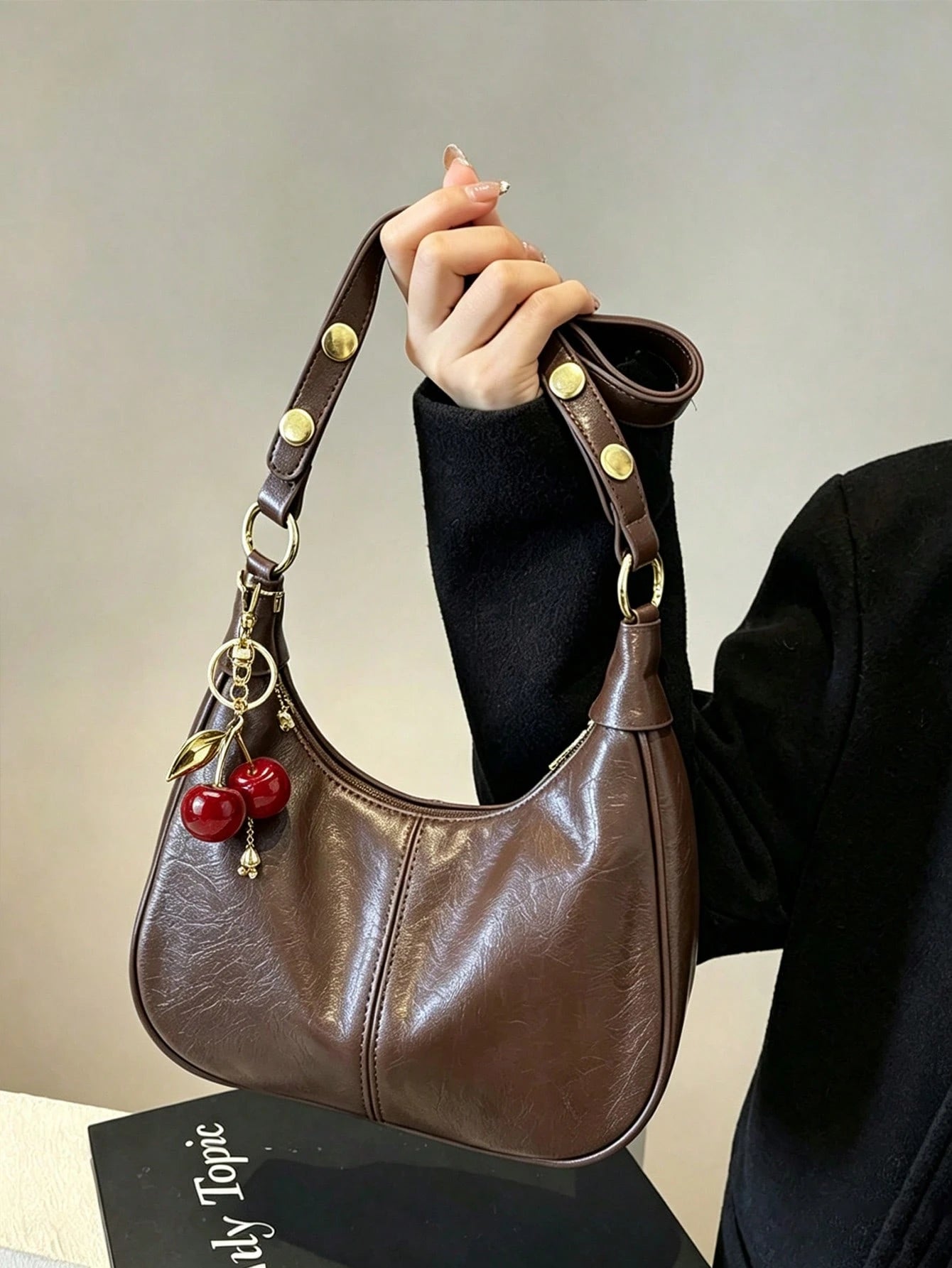 Women's Solid Color PU Shoulder Bag With Cherry Pendant, Waterproof Fabric Underarm Crescent Shaped Bag,Large Capacity Business Commuter Bag