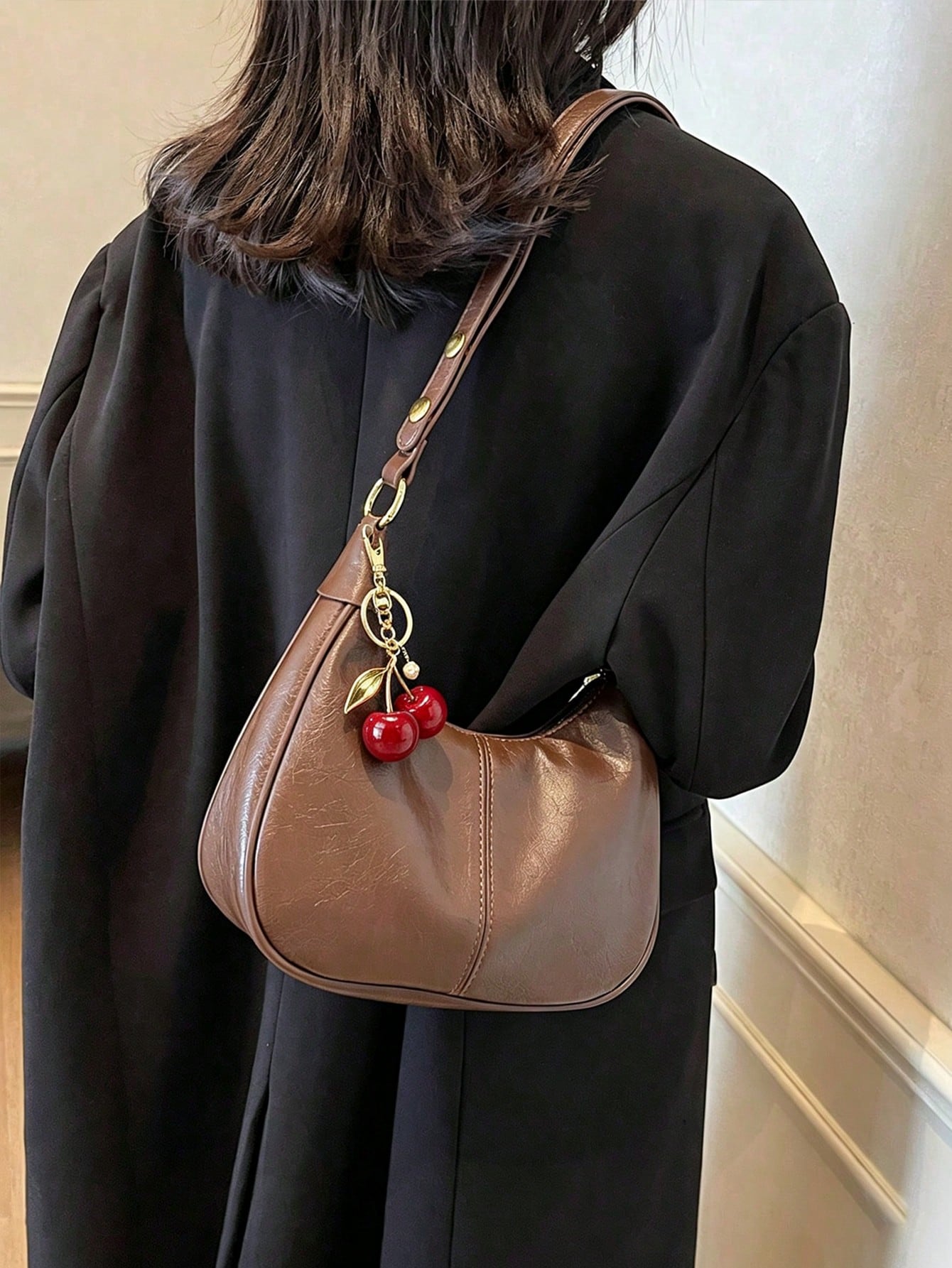 Women's Solid Color PU Shoulder Bag With Cherry Pendant, Waterproof Fabric Underarm Crescent Shaped Bag,Large Capacity Business Commuter Bag