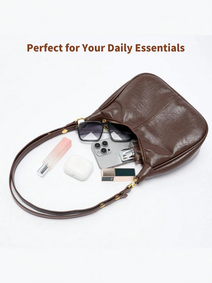 Women's Solid Color PU Shoulder Bag With Cherry Pendant, Waterproof Fabric Underarm Crescent Shaped Bag,Large Capacity Business Commuter Bag