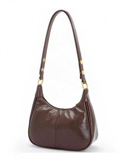 Women's Solid Color PU Shoulder Bag With Cherry Pendant, Waterproof Fabric Underarm Crescent Shaped Bag,Large Capacity Business Commuter Bag