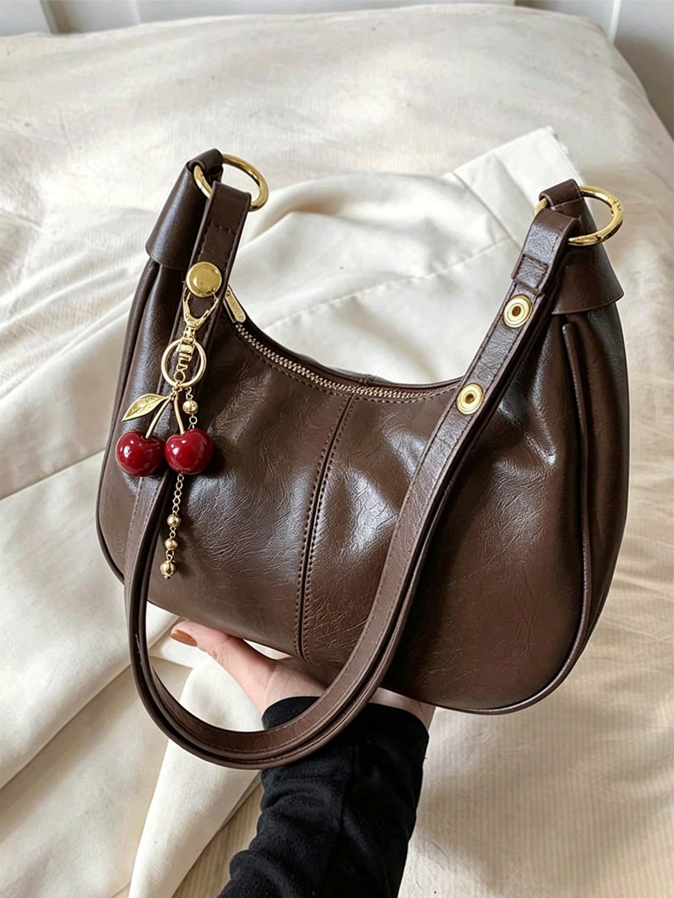Women's Solid Color PU Shoulder Bag With Cherry Pendant, Waterproof Fabric Underarm Crescent Shaped Bag,Large Capacity Business Commuter Bag
