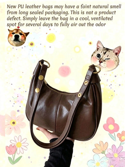 Women's Solid Color PU Shoulder Bag With Cherry Pendant, Waterproof Fabric Underarm Crescent Shaped Bag,Large Capacity Business Commuter Bag