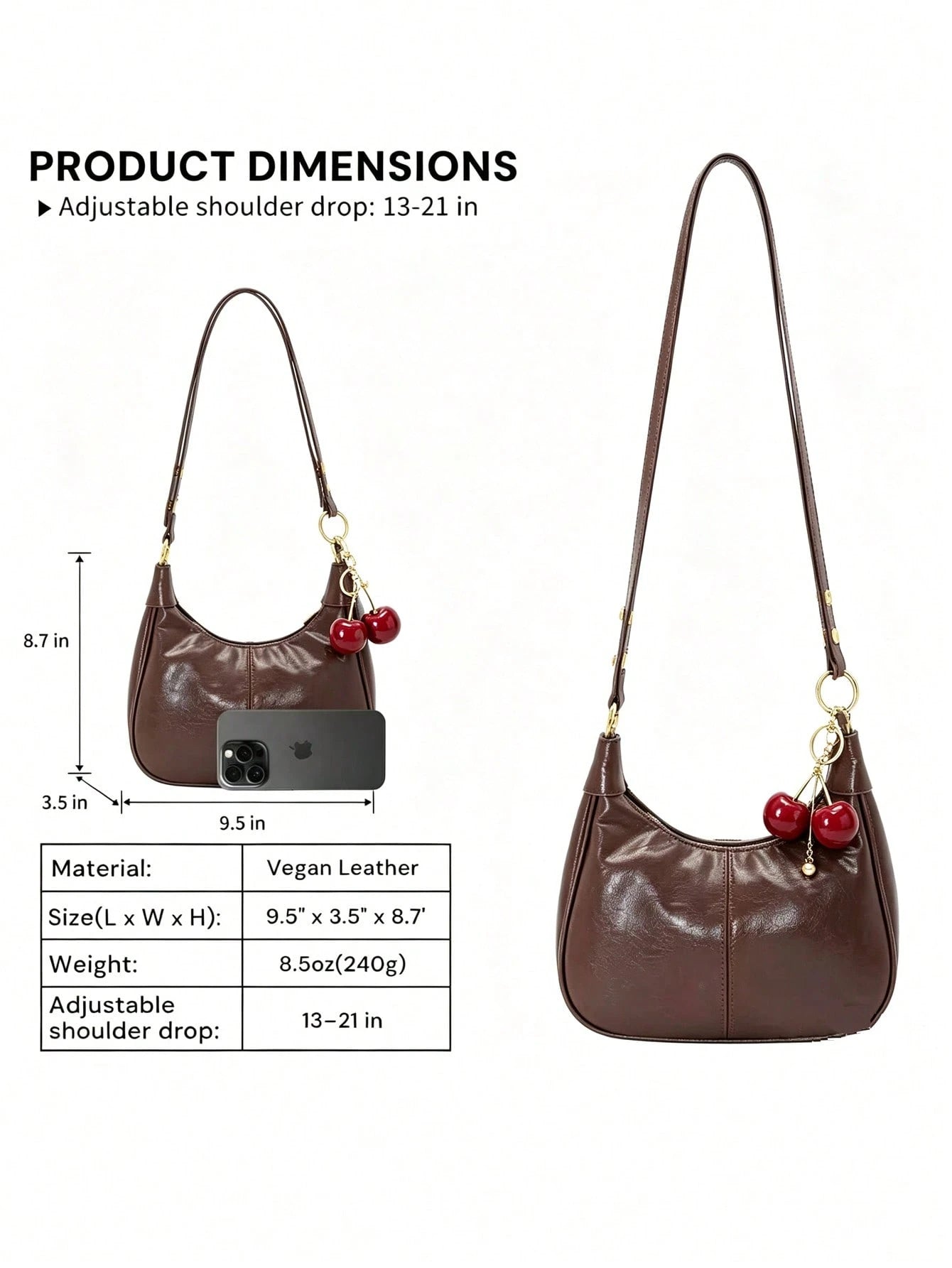 Women's Solid Color PU Shoulder Bag With Cherry Pendant, Waterproof Fabric Underarm Crescent Shaped Bag,Large Capacity Business Commuter Bag