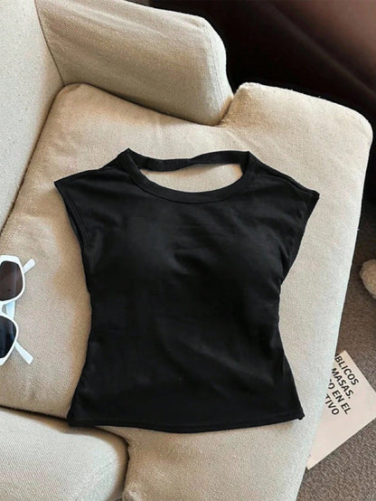 Women's Solid Color Round Neck Backless Fitted Tank Top