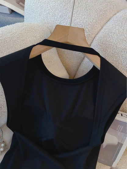 Women's Solid Color Round Neck Backless Fitted Tank Top