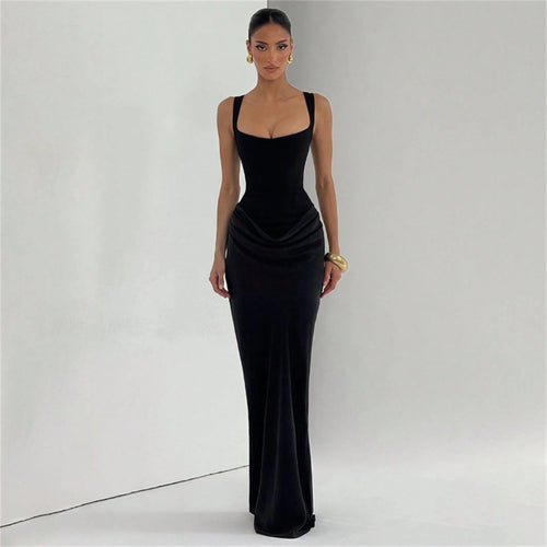 Women's Solid Color Sexy Bodycon Dress, Sleeveless Square Neck Ruched Maxi Gown, Elegant Formal Evening Party Dress