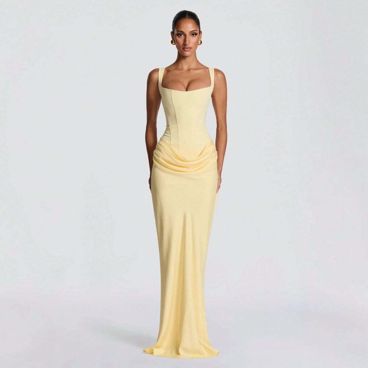 Women's Solid Color Sexy Bodycon Dress, Sleeveless Square Neck Ruched Maxi Gown, Elegant Formal Evening Party Dress