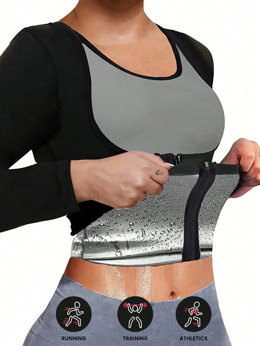 Women's Sports Outdoor Sauna Suit, Body Shaping Long Sleeve Zipper Top, Waist Cincher, Fitness Accessory