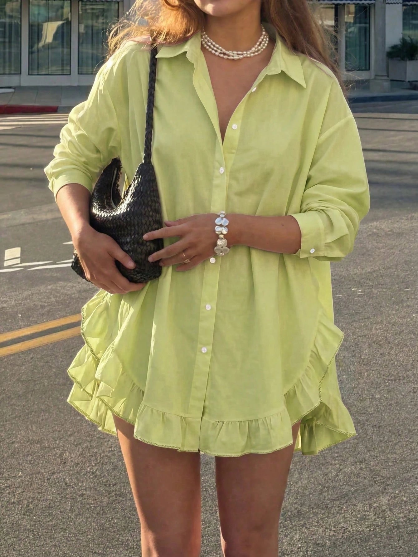 Women's Spring Casual Solid Color Front Button Ruffle Blouse Spring/Summer