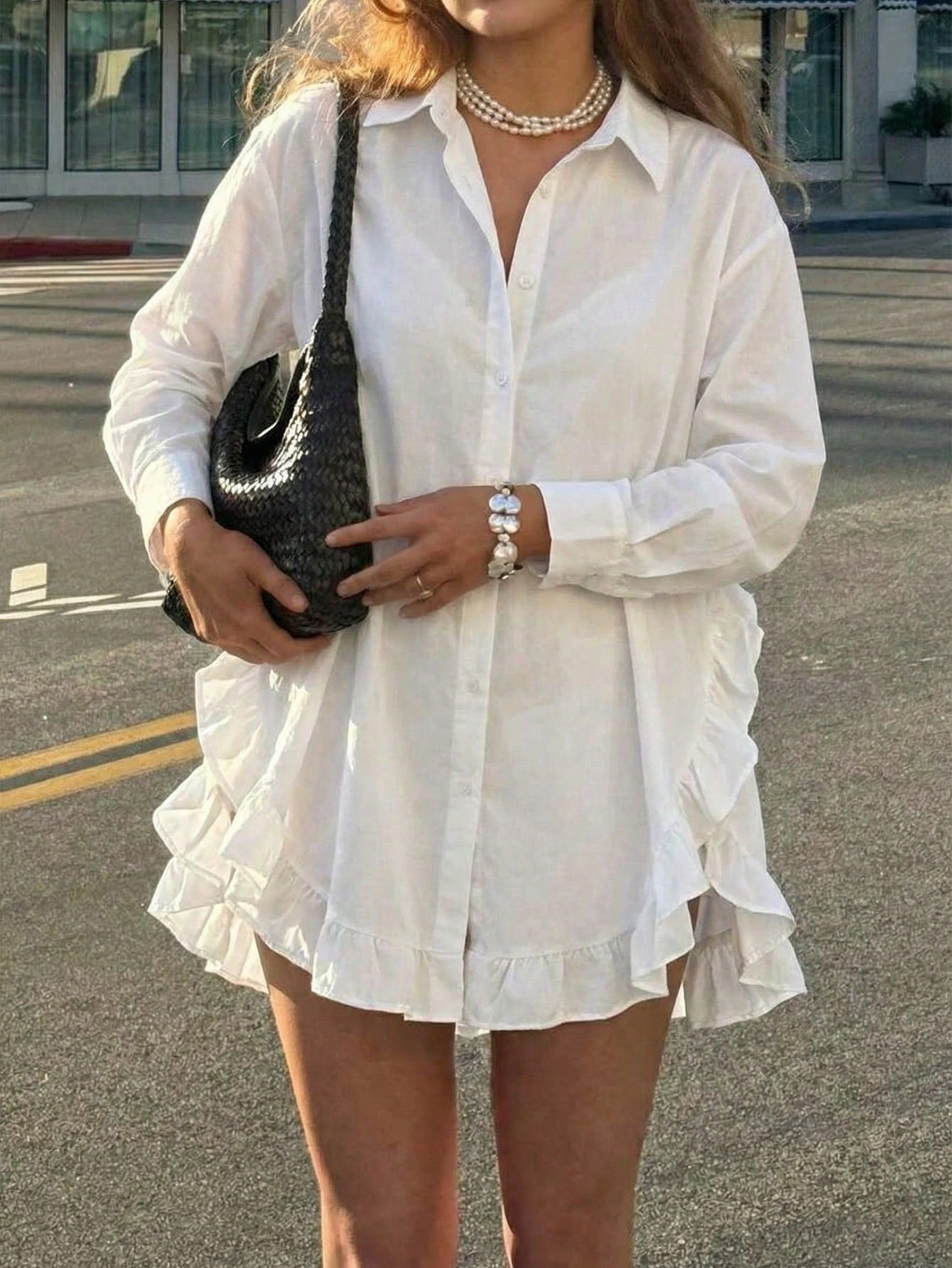 Women's Spring Casual Solid Color Front Button Ruffle Blouse Spring/Summer