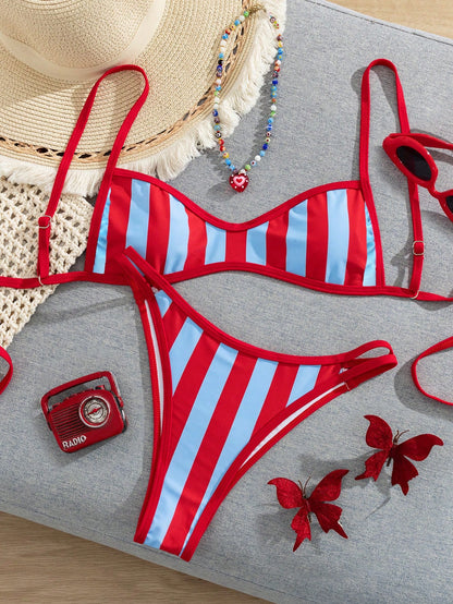 Women's Spring/Summer New Colorful Stripe Printed Flat Chest Spaghetti Strap Bikini 2 Pieces Set Vacation Beach