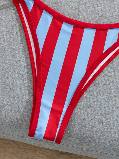 Women's Spring/Summer New Colorful Stripe Printed Flat Chest Spaghetti Strap Bikini 2 Pieces Set Vacation Beach