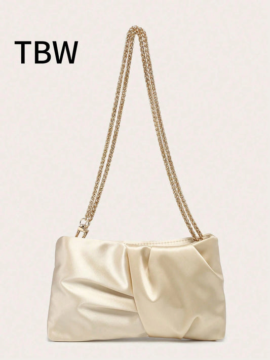 Women's Square Shoulder Bag, Pleated Satin Texture, Metal Chain Strap, Fashionable Design, Suitable For Evening Events And Outings