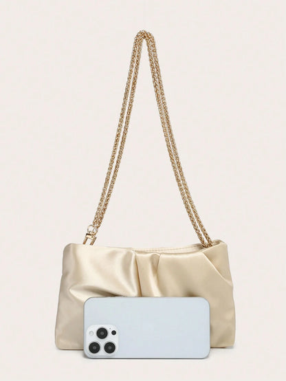 Women's Square Shoulder Bag, Pleated Satin Texture, Metal Chain Strap, Fashionable Design, Suitable For Evening Events And Outings