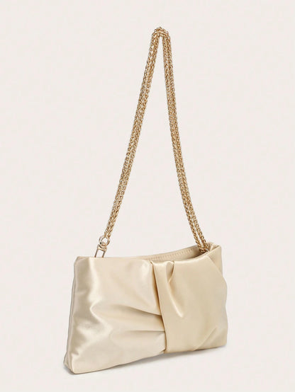 Women's Square Shoulder Bag, Pleated Satin Texture, Metal Chain Strap, Fashionable Design, Suitable For Evening Events And Outings
