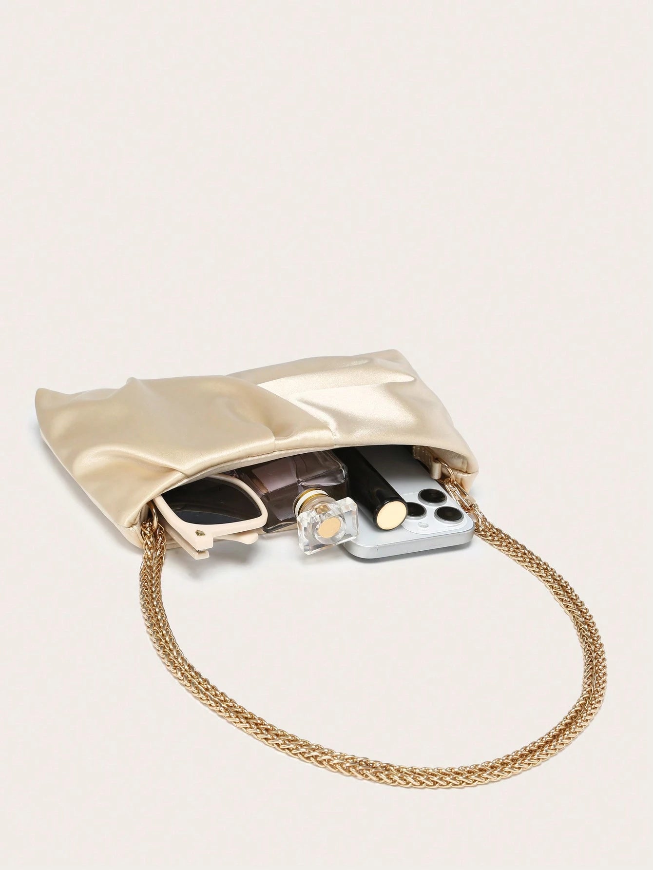 Women's Square Shoulder Bag, Pleated Satin Texture, Metal Chain Strap, Fashionable Design, Suitable For Evening Events And Outings