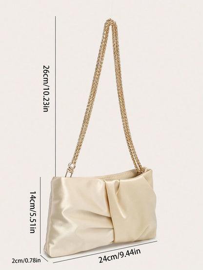 Women's Square Shoulder Bag, Pleated Satin Texture, Metal Chain Strap, Fashionable Design, Suitable For Evening Events And Outings