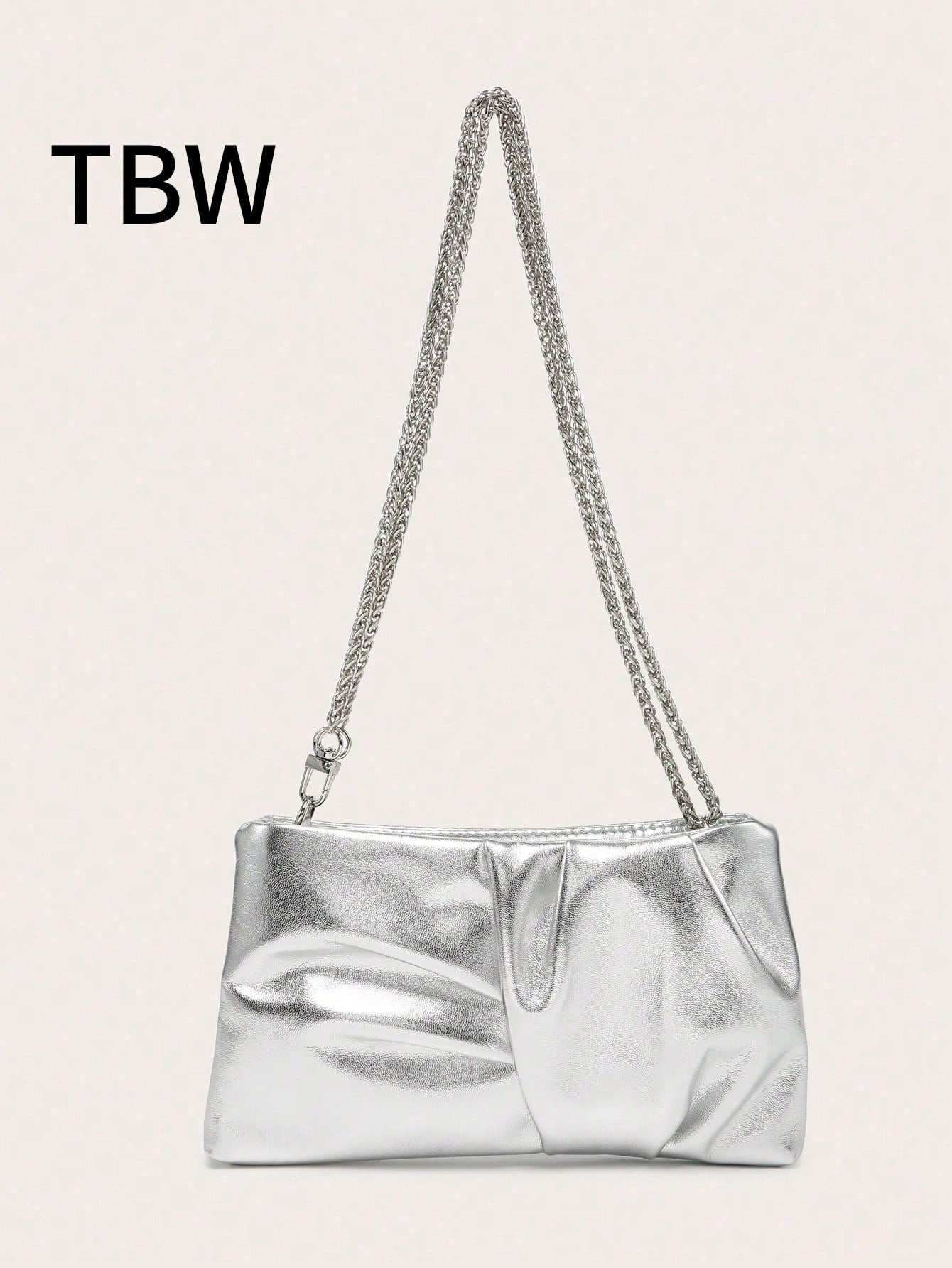 Women's Square Shoulder Bag, Pleated Satin Texture, Metal Chain Strap, Fashionable Design, Suitable For Evening Events And Outings