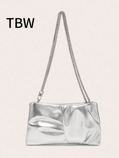 Women's Square Shoulder Bag, Pleated Satin Texture, Metal Chain Strap, Fashionable Design, Suitable For Evening Events And Outings