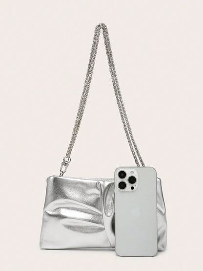 Women's Square Shoulder Bag, Pleated Satin Texture, Metal Chain Strap, Fashionable Design, Suitable For Evening Events And Outings