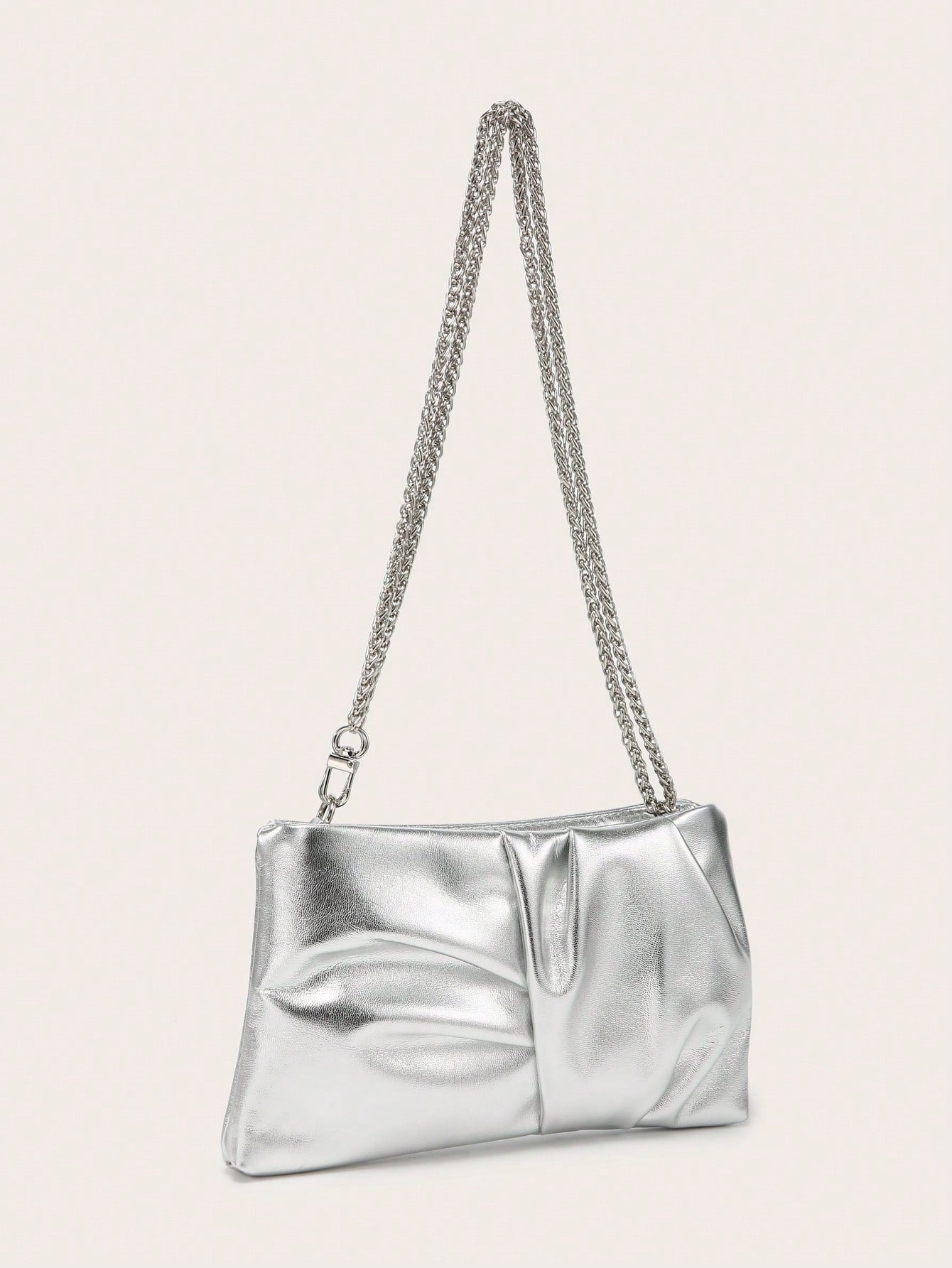 Women's Square Shoulder Bag, Pleated Satin Texture, Metal Chain Strap, Fashionable Design, Suitable For Evening Events And Outings