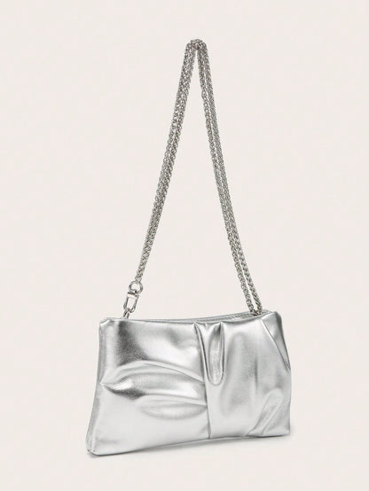 Women's Square Shoulder Bag, Pleated Satin Texture, Metal Chain Strap, Fashionable Design, Suitable For Evening Events And Outings