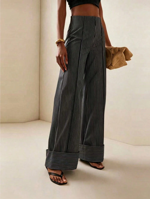 Women's Striped Print High Waist Casual Wide Leg Pants Black