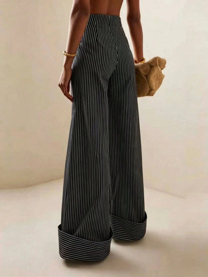 Women's Striped Print High Waist Casual Wide Leg Pants Black
