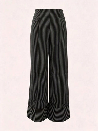 Women's Striped Print High Waist Casual Wide Leg Pants Black