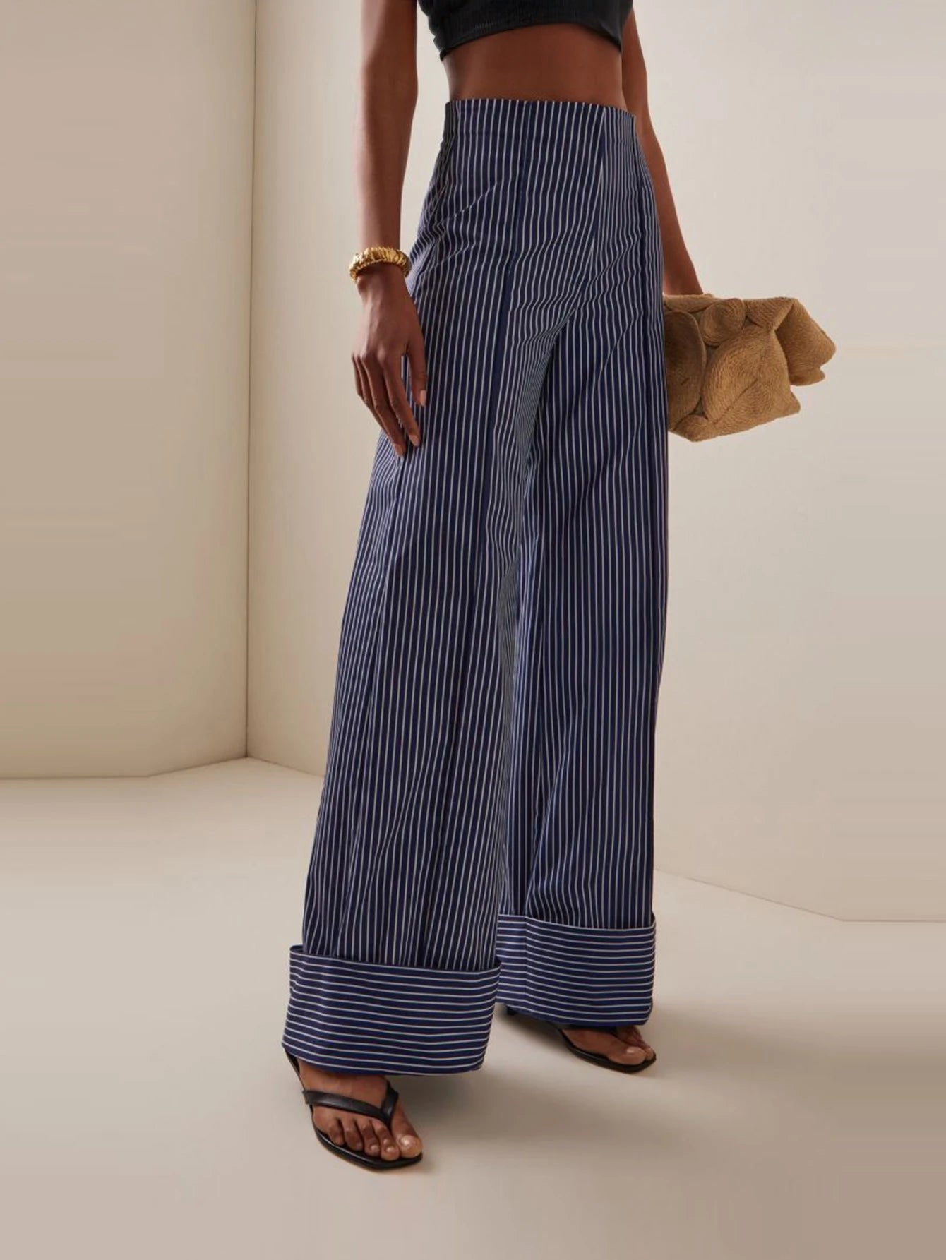 Women's Striped Print High Waist Casual Wide Leg Pants Black