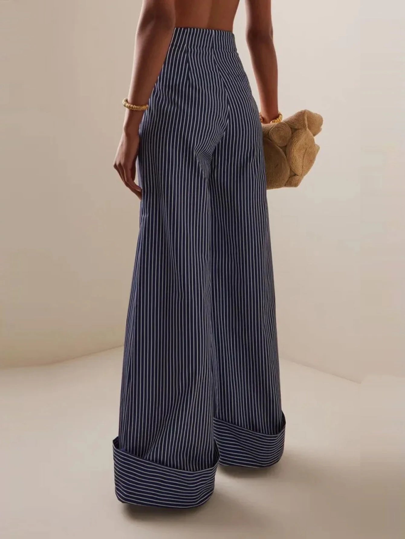 Women's Striped Print High Waist Casual Wide Leg Pants Black