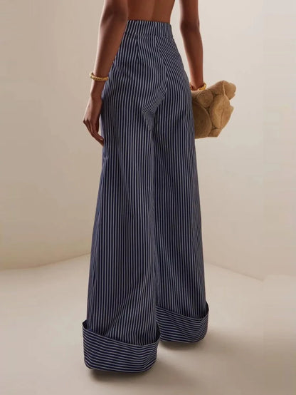 Women's Striped Print High Waist Casual Wide Leg Pants Black