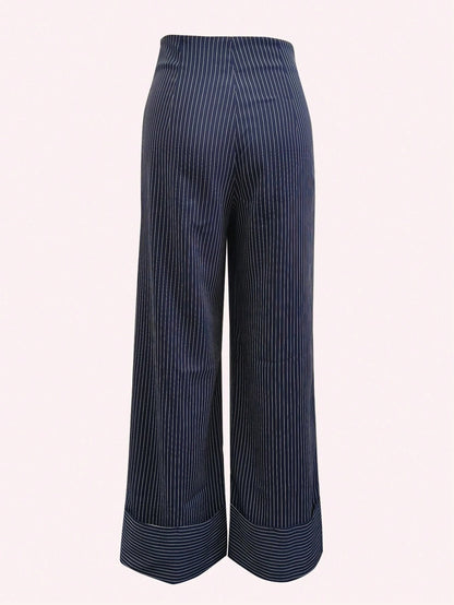 Women's Striped Print High Waist Casual Wide Leg Pants Black