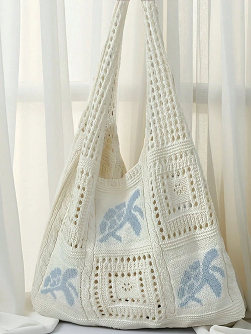 Women's Summer Beach Tote Bag, Crochet Design, Turtle Pattern, Large Capacity Open Handle, Suitable For Casual Outings And Beach Vacations, Boho Chic